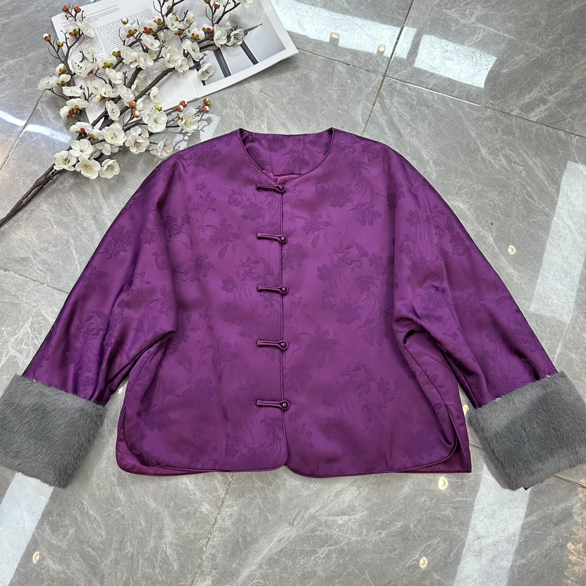 LC紫气东来绝美紫色水貂毛可拆卸夹棉醋酸外套棉服YS2-G201A