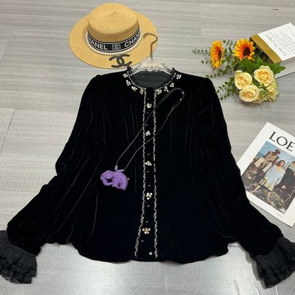 LC蕾丝花边手工钉珠单排扣设计袖口双层蕾丝小衫YS106-G208