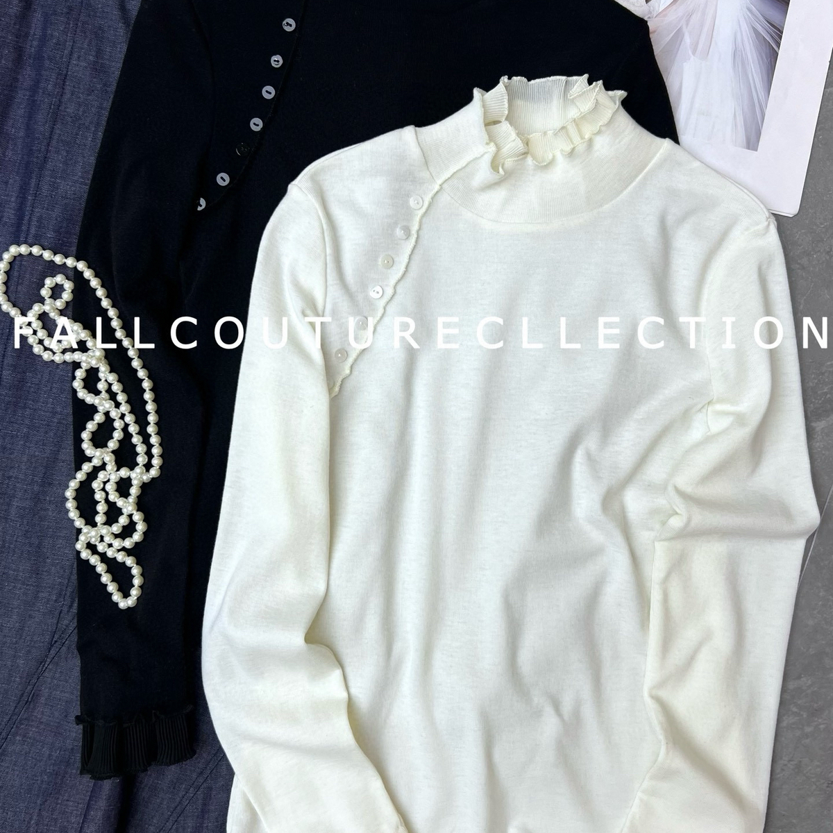 LC冬上新法式双层木耳边斜纽扣小衫18854336