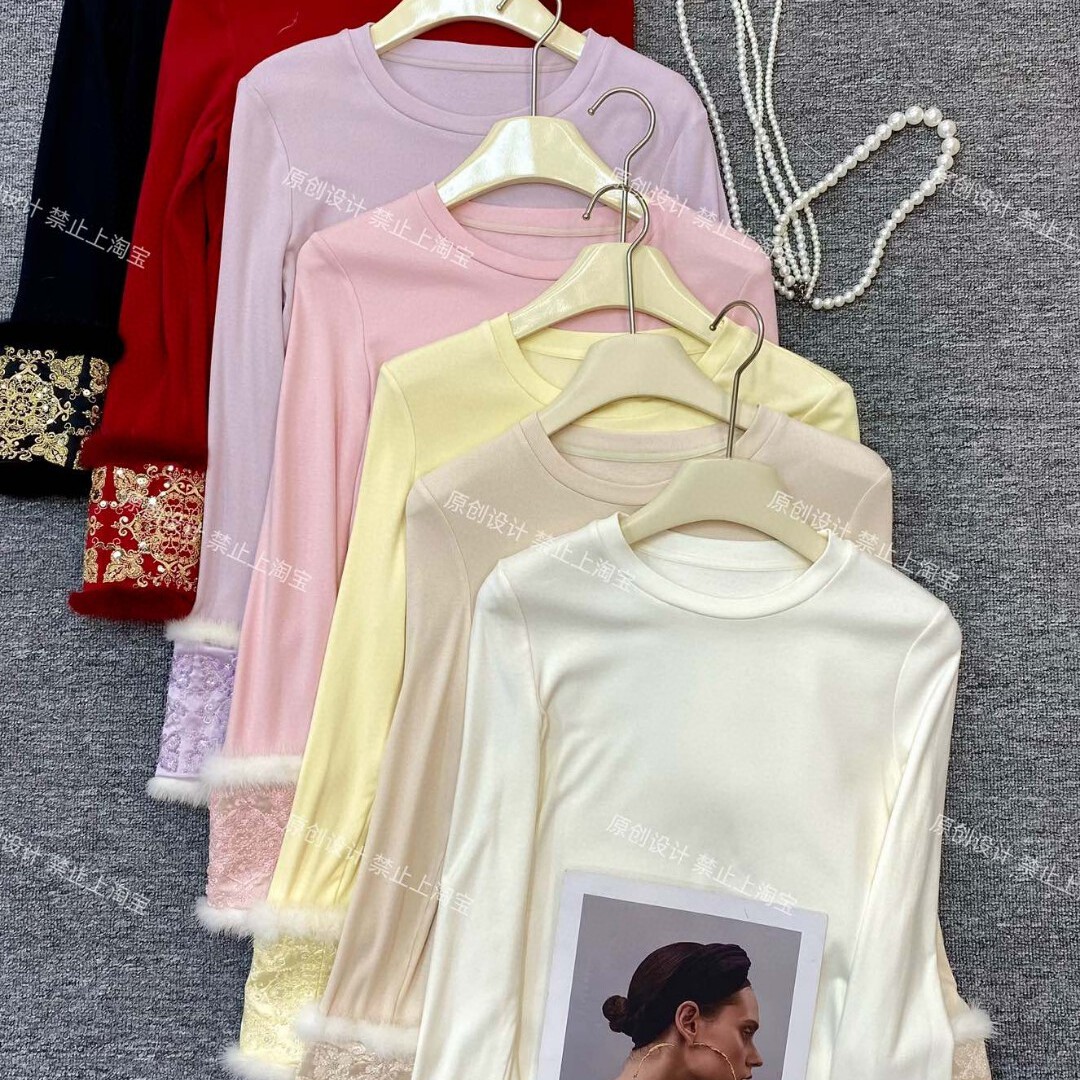 LC刺绣上衣采用进口水貂毛袖口拼接醋酸刺绣小衫G231-FU3827