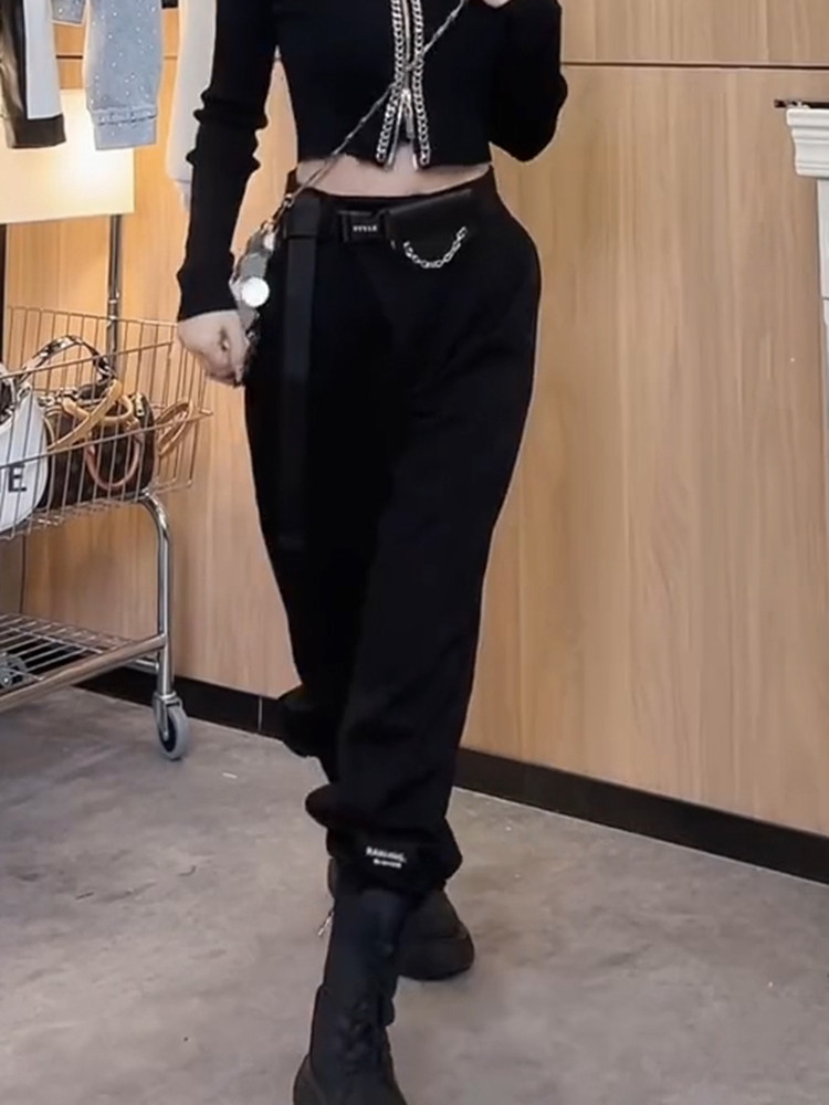 BLACK CASUAL CARGO PANTS WOMENS AUTUMN AND WINTER FLEECE EUROPEAN AND AMERICAN STREET SWEATPANTS LOOSE AND THIN WIDE-LEG PANTS STRAIGHT-LEG SWEATPANTS