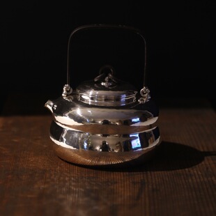 日本 竹影堂荣真 纯银壶 一块打 口打出 铁提梁 检藏六 北村 真锅