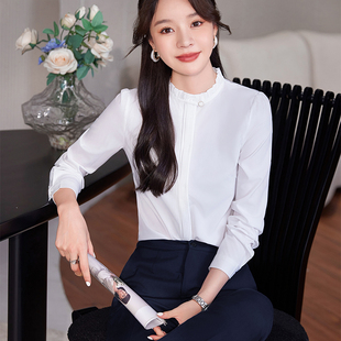 白衬衫女春秋长袖职业装内搭雪纺衬衣花边立领职场公务员面试正装