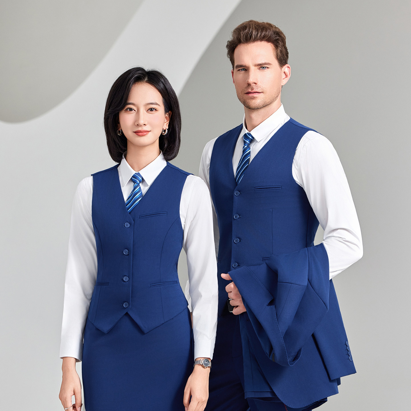 高档职业马甲套装男女工作服马夹西裤衬衫三件套宝蓝银行工装制服