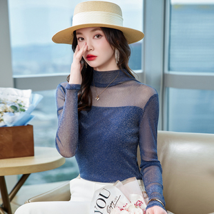 网纱高弹力宝蓝色内搭性感蕾丝衫 女长袖 堆堆领 亮丝高领打底衫 时尚