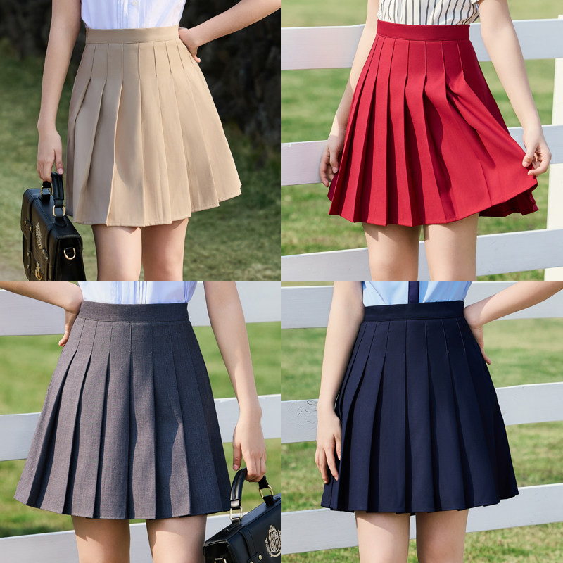 大红卡其色短款百褶裙JK半身裙