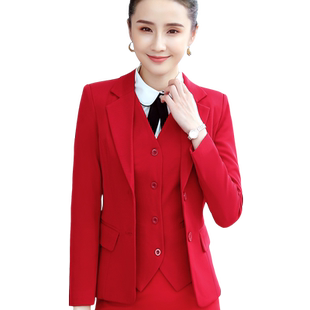 西装套装女马甲西服三件套大红色工装制服职业装修身套裙套裤大码