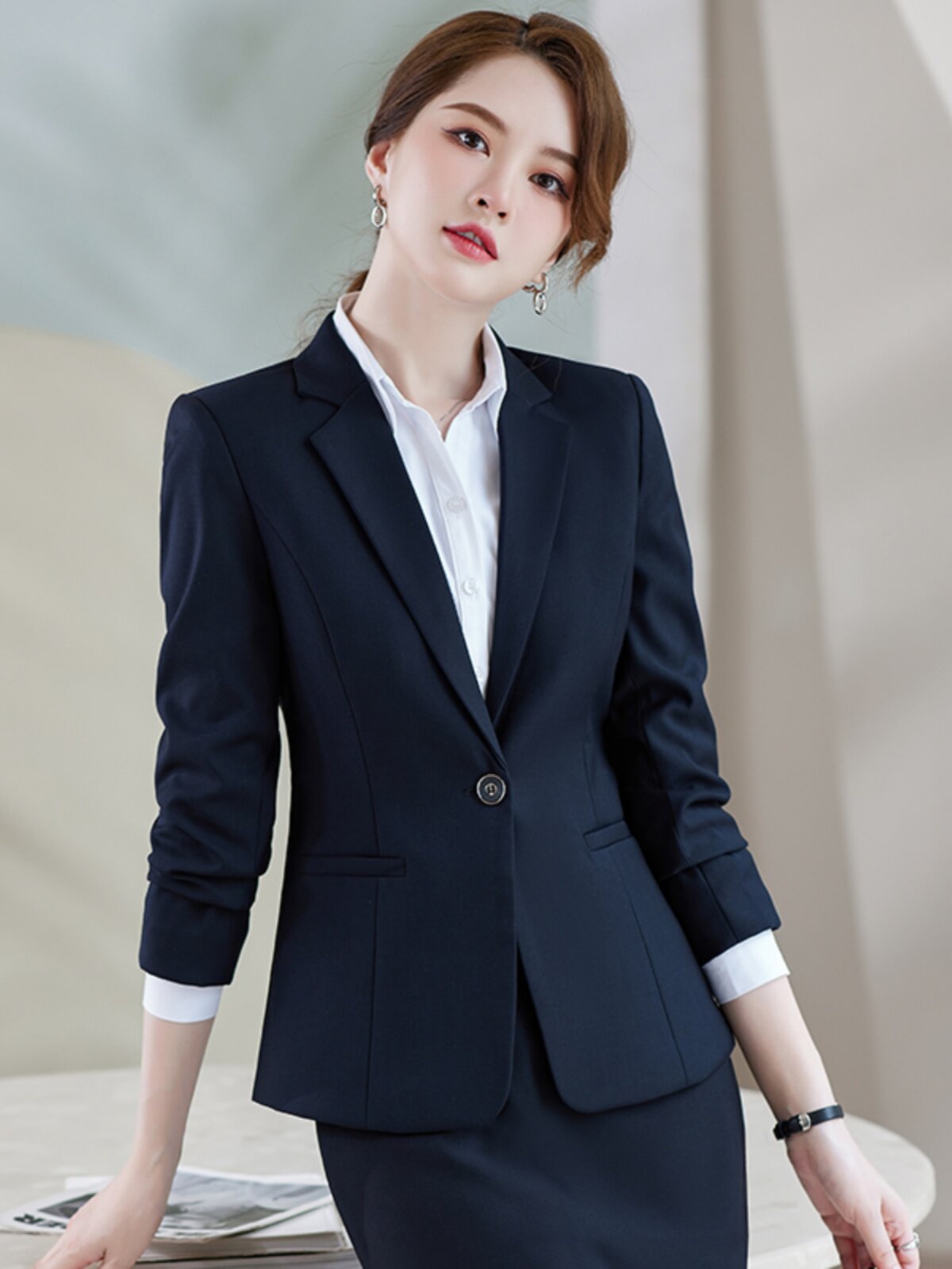 OCCUPATION: LONG-SLEEVED BLAZER WOMENS TROUSERS SUIT SKIRT COVER DECORATED BODY IRON-FREE LAWYER FRONT DESK RECEPTION UNIFORM FORMAL WEAR