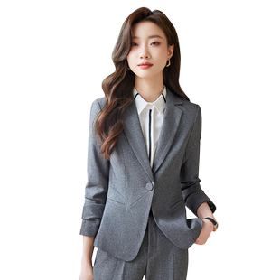 春秋新品商务西装套装女优雅灰色西服修身气质一粒扣职业衬衫套裤