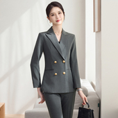外套喇叭裤 大学生面试正装 西装 女春双排扣长袖 轻奢职场两件套 套装
