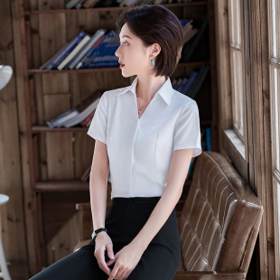 修身 夏季 女墨绿色V领防走光白衬衣职业装 衬衫 抗皱免烫工作服 短袖