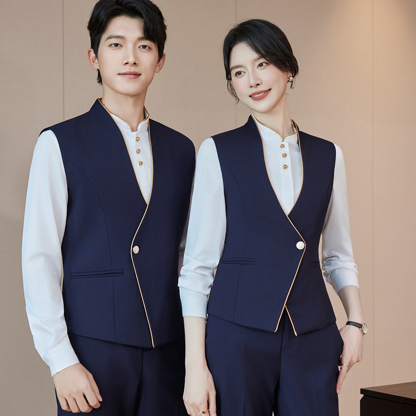 男女款职业马甲工作服韩版拼色新款中餐厅服务员前台马夹工装制服