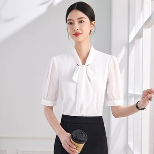 夏季短袖白色浅蓝色雪纺衬衫女飘带蝴蝶结领办公室白领前台工作服