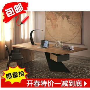 美式 乡村实木铁艺复古写字台书桌办公桌现代简约铁艺电脑抽屉桌