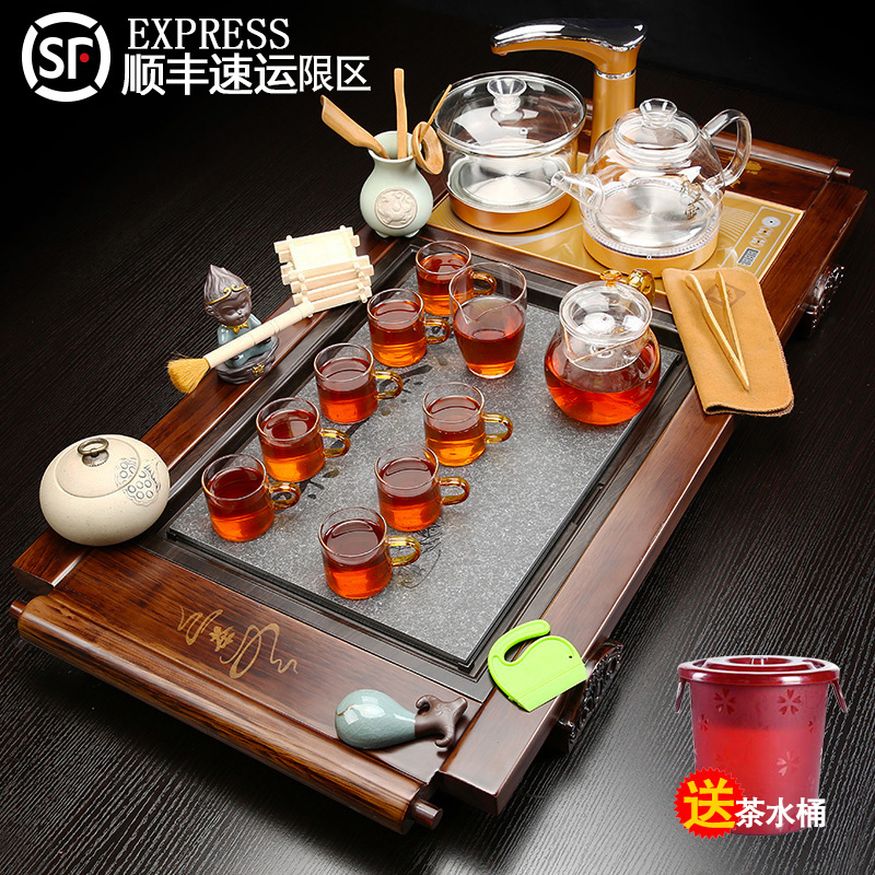 家用整套紫砂功夫茶具套装玻璃壶喝茶四合一体全自动实木茶盘茶道