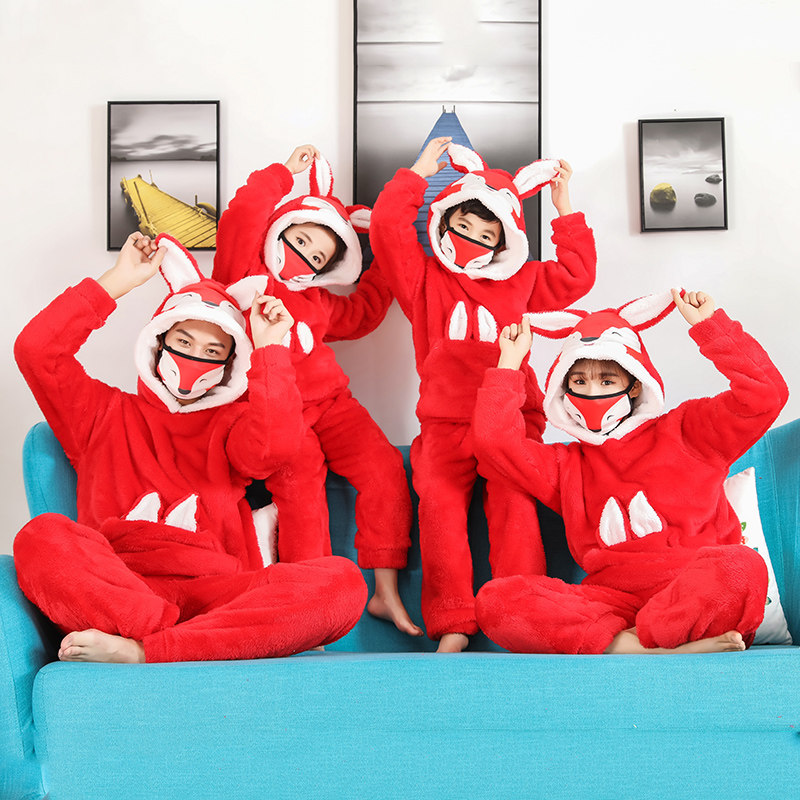 睡衣秋冬法兰绒一家三四口情侣卡通动物家居服套装儿童男女珊瑚绒