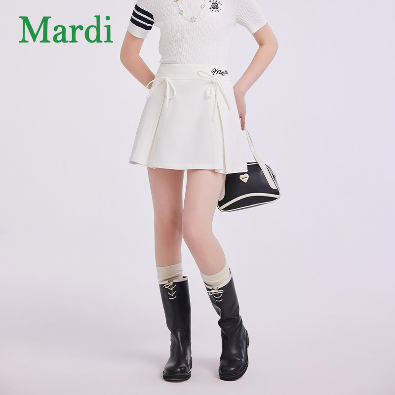 MARDI蝴蝶结系带刺绣A字短裙女高腰显瘦百褶裙小个子高级感半身裙