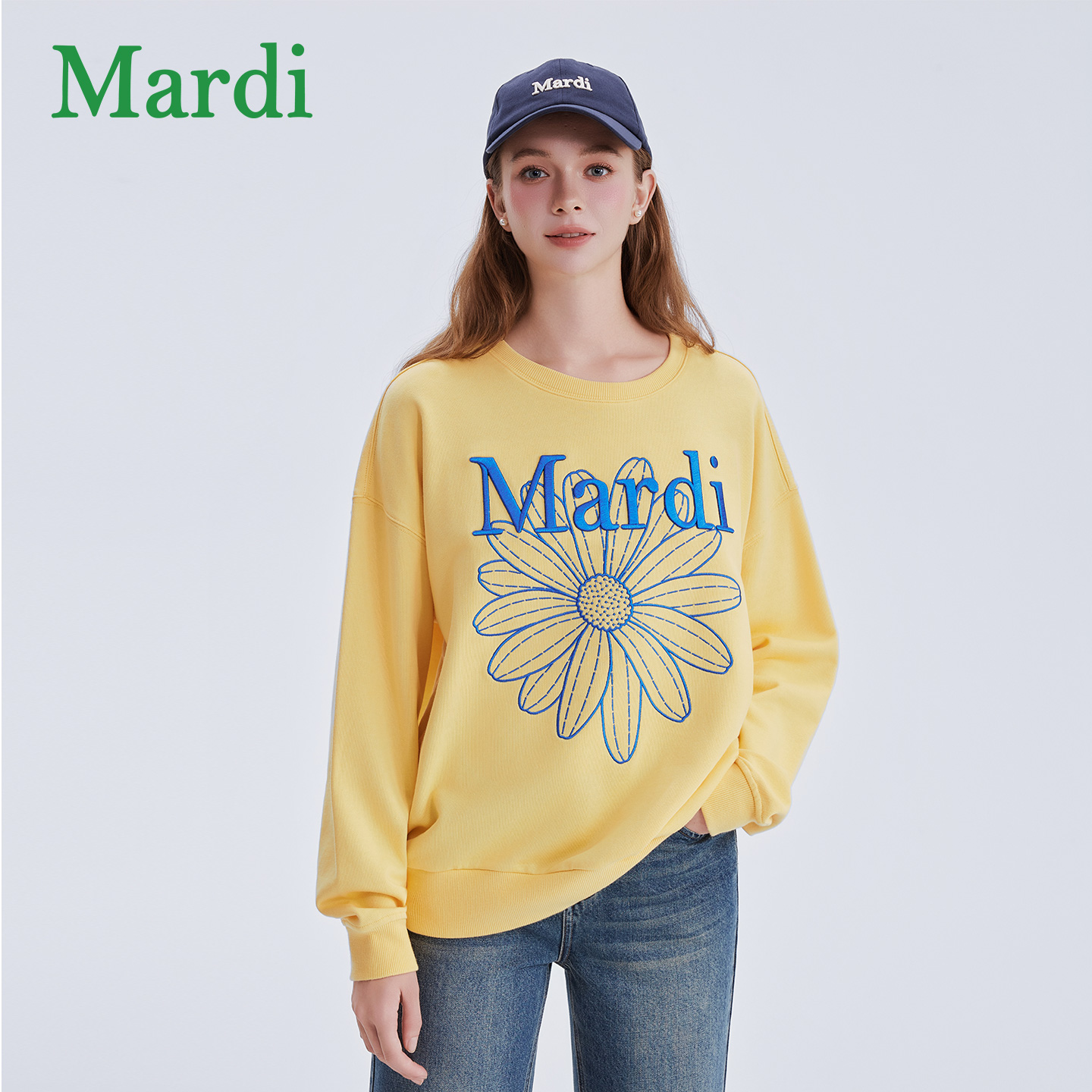 MARDI官方正品小雏菊刺绣卫衣女2025年秋季新款宽松圆领纯棉上衣