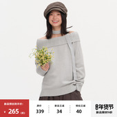 20点新品 9折 omont蛋挞100%羊毛复古一字肩飘带斜肩毛衣