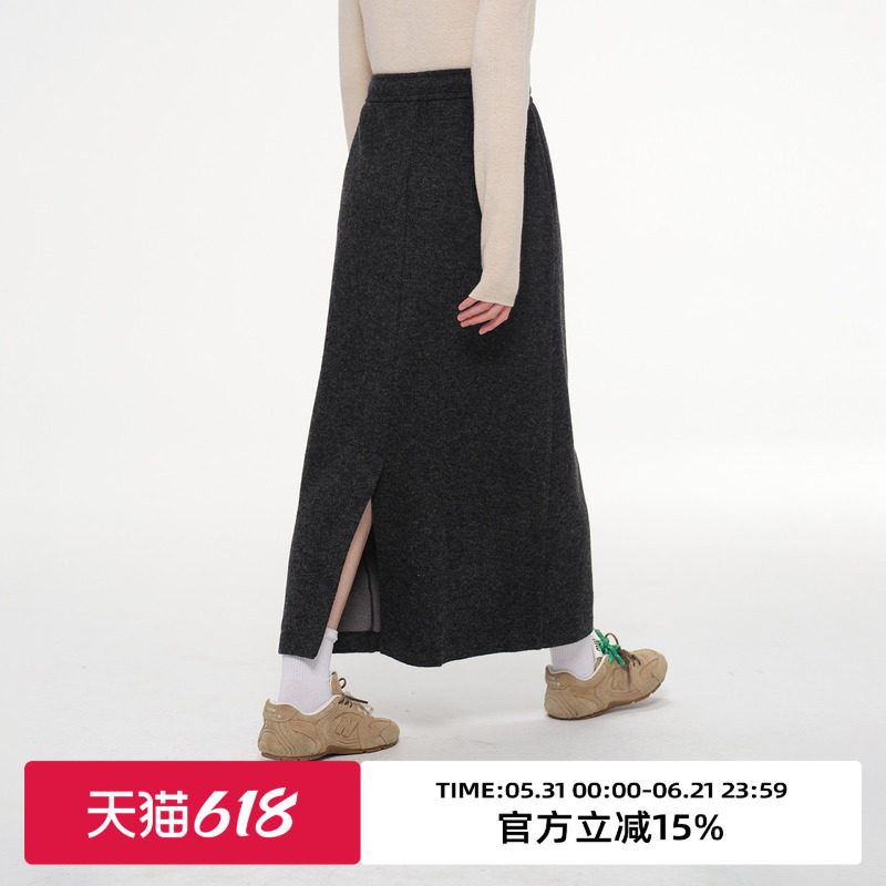 omont蛋挞家复古毛呢中长款半身裙冬季高腰直显瘦筒毛呢裙子