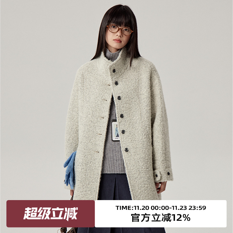 omont蛋挞家圈圈纱中长毛呢外套