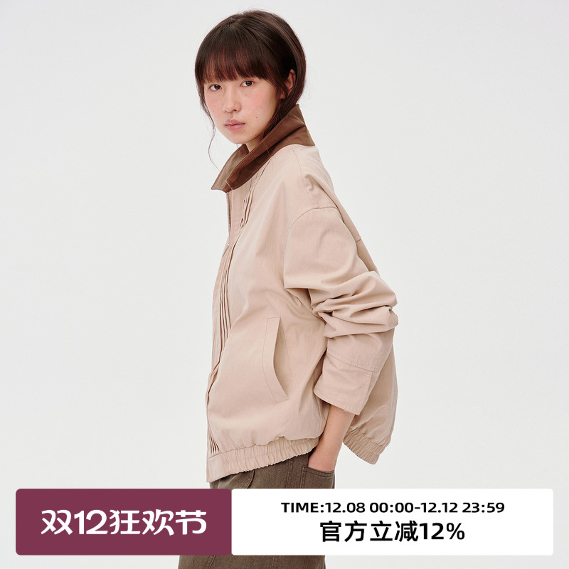 撞色领夹克/袖口拼格纹/短外套