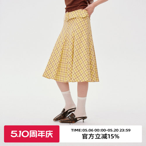 斜裁格纹大摆裙/宽边腰带半身裙