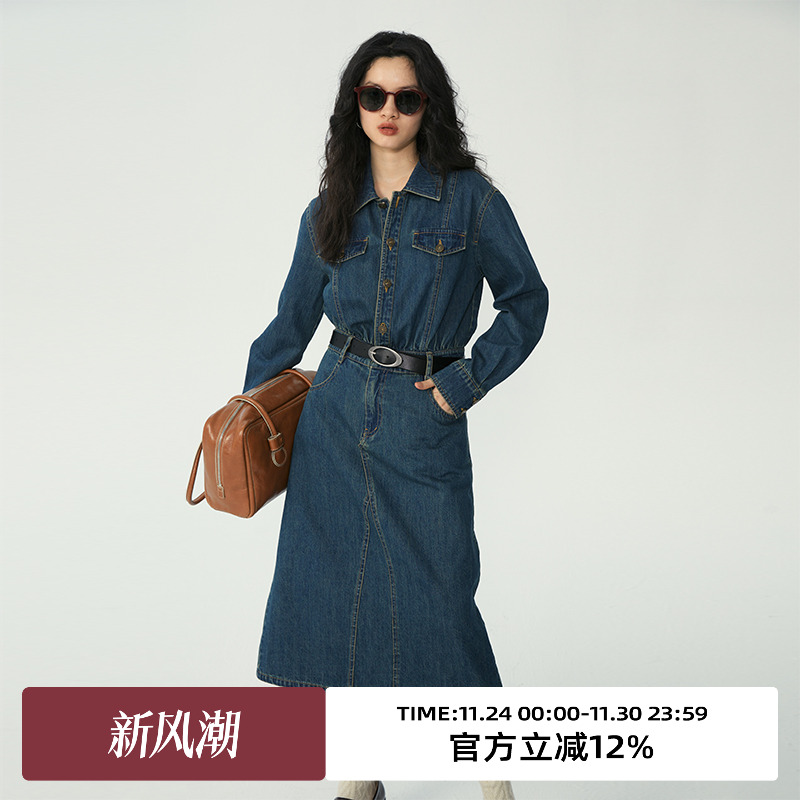 omont复古牛仔中长款连衣裙