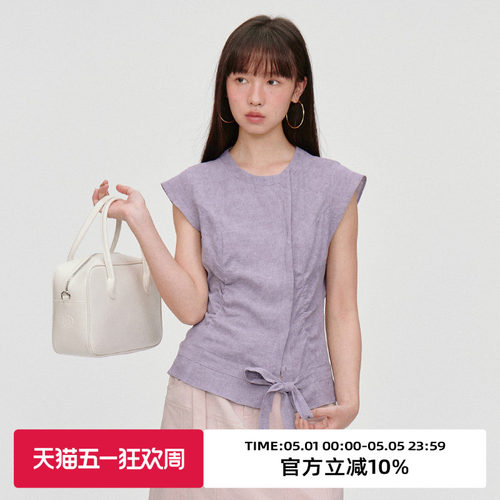 小飞袖/修身抽皱绑带/短袖衬衫
