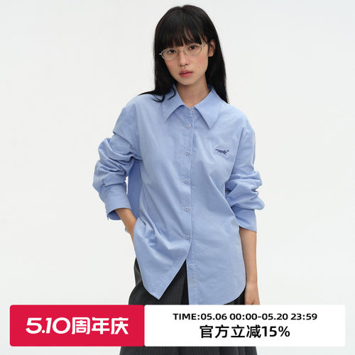 围巾领/瘦长版型/刺绣长袖衬衫