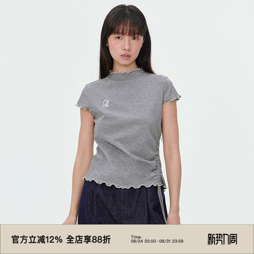 半高领设计/侧身抽皱/短袖T恤