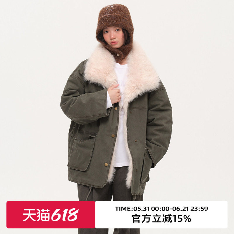 omont蛋挞家复古水洗工装毛领派克羽绒服冬保暖90白鸭绒外套