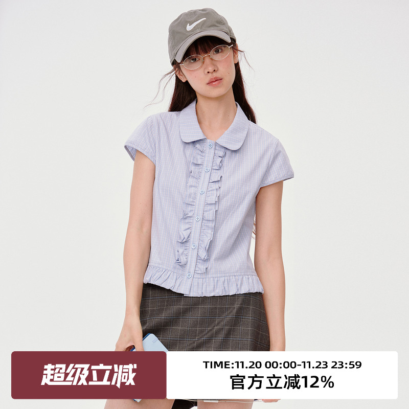 下摆花苞/.荷叶边门襟短袖衬衫