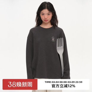 omont蛋挞家重工珠绣花圆领长袖T恤2025冬季宽松休闲磨毛厚款上衣