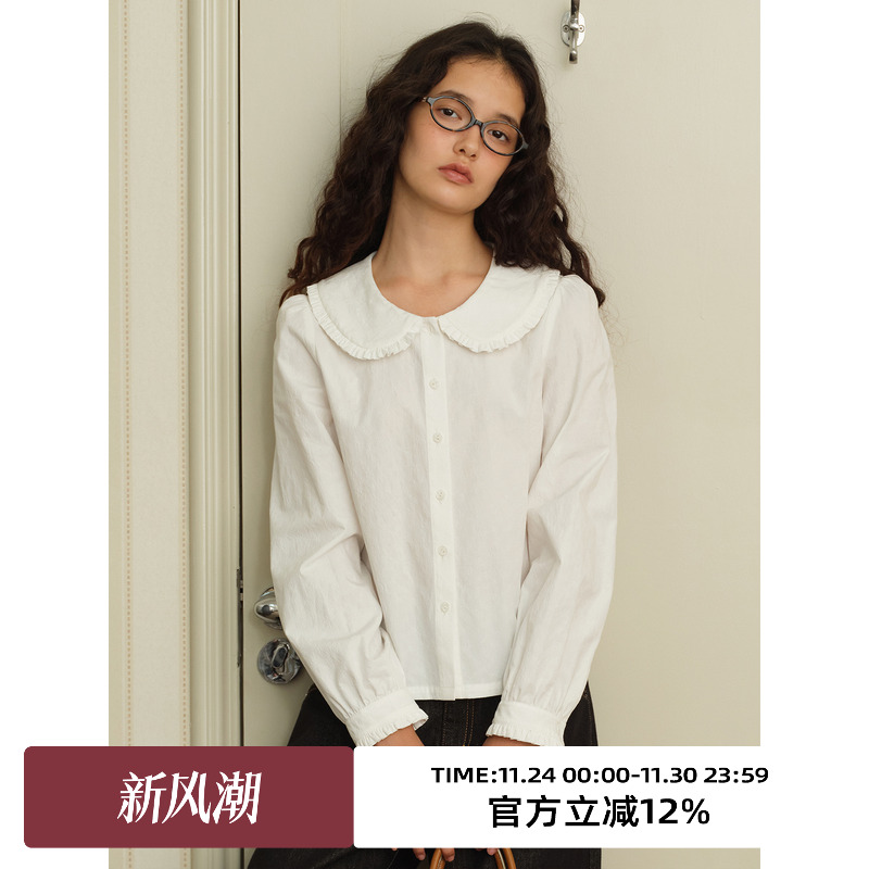 复古娃娃领提花面料修身长袖衬衫