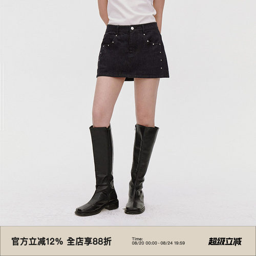 牛仔水洗/铆钉装饰黑色超短裙