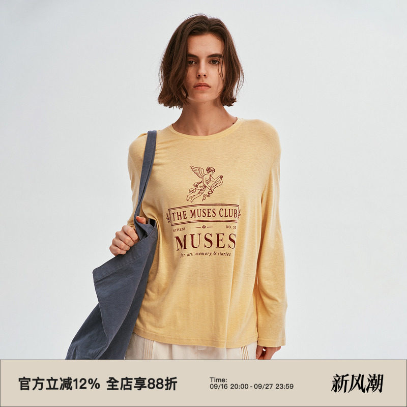 莱赛尔混纺天使印花圆领长袖T恤图片