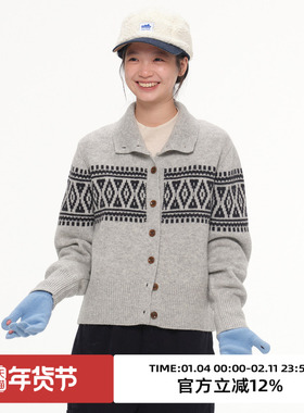 omont蛋挞家100%绵羊毛费尔岛立领针织开衫2025冬季复古慵懒毛衣