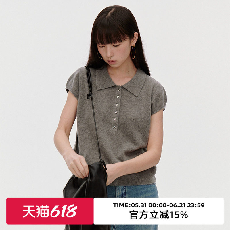 omont蛋挞家100%羊毛复古polo领小飞袖针织衫秋灰色短袖毛衣上衣