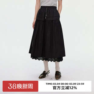 omont蛋挞家复古蕾丝拼接抽绳a字半身裙2025夏季高腰显瘦中长裙子