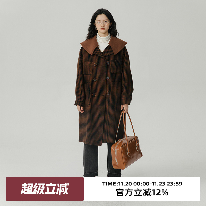 omont格纹大翻领毛呢外套