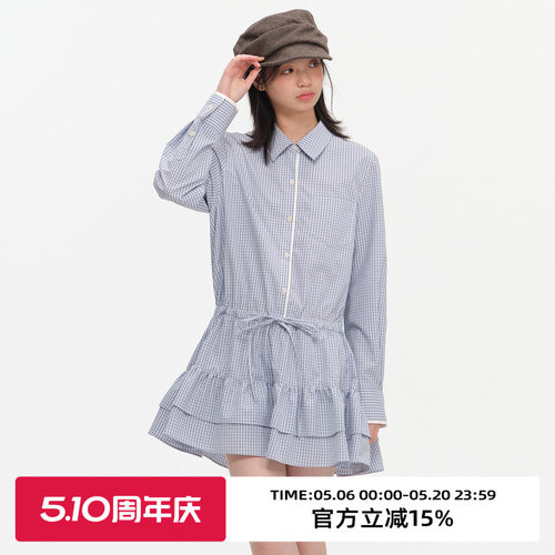 复古格纹收腰显瘦衬衫连衣裙