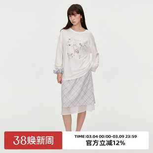 omont蛋挞家 复古格纹雪纺半身裙春秋季高腰显瘦直筒中长裙子