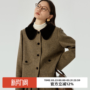 omont蛋挞家 撞色娃娃领毛呢大衣 复古小香风短外套女冬新款