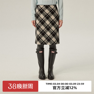 omont蛋挞家 复古黑白格纹毛呢半身裙冬高腰显瘦直筒中长裙子