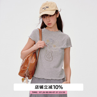 omont蛋挞家复古半高领印花短袖 显瘦上衣 T恤2025夏季 简约正肩修身