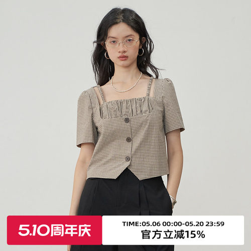 omont短款复古单排扣短袖衬衫