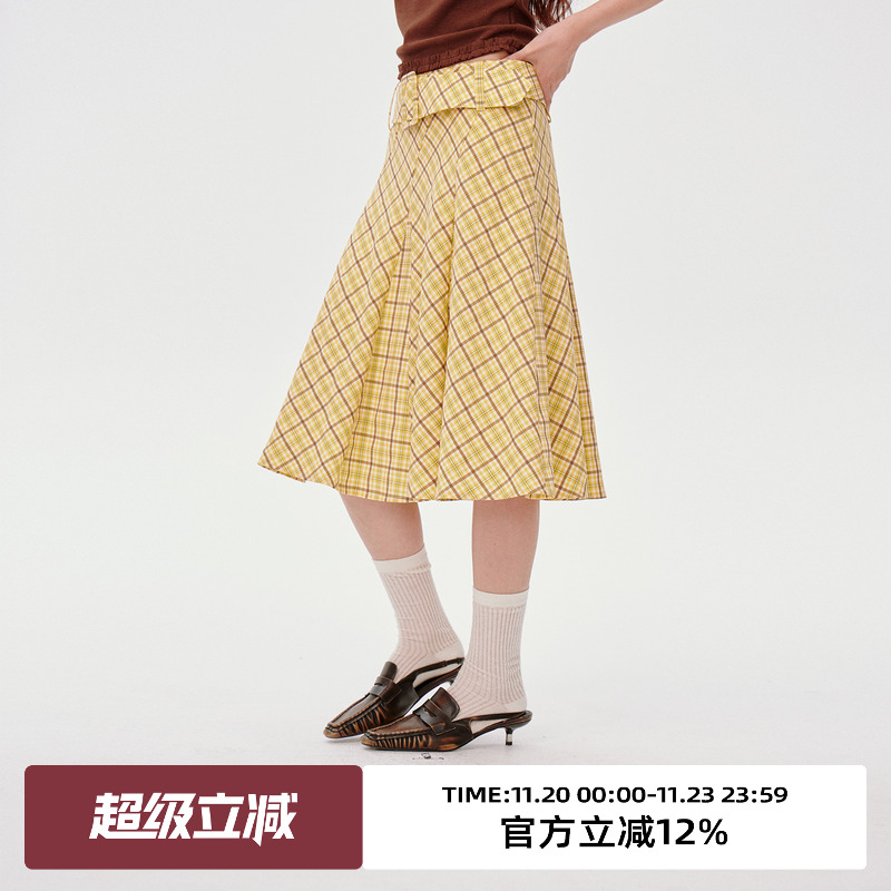 斜裁格纹大摆裙/宽边腰带半身裙