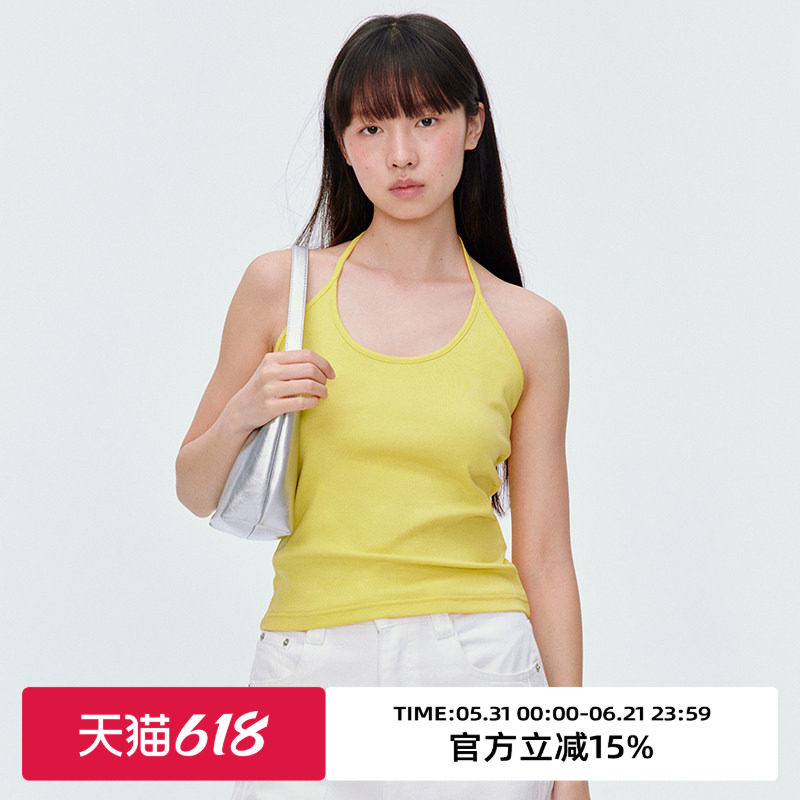 omont蛋挞家度假黄色挂脖外穿吊带背心夏季修身显瘦叠穿露背上衣