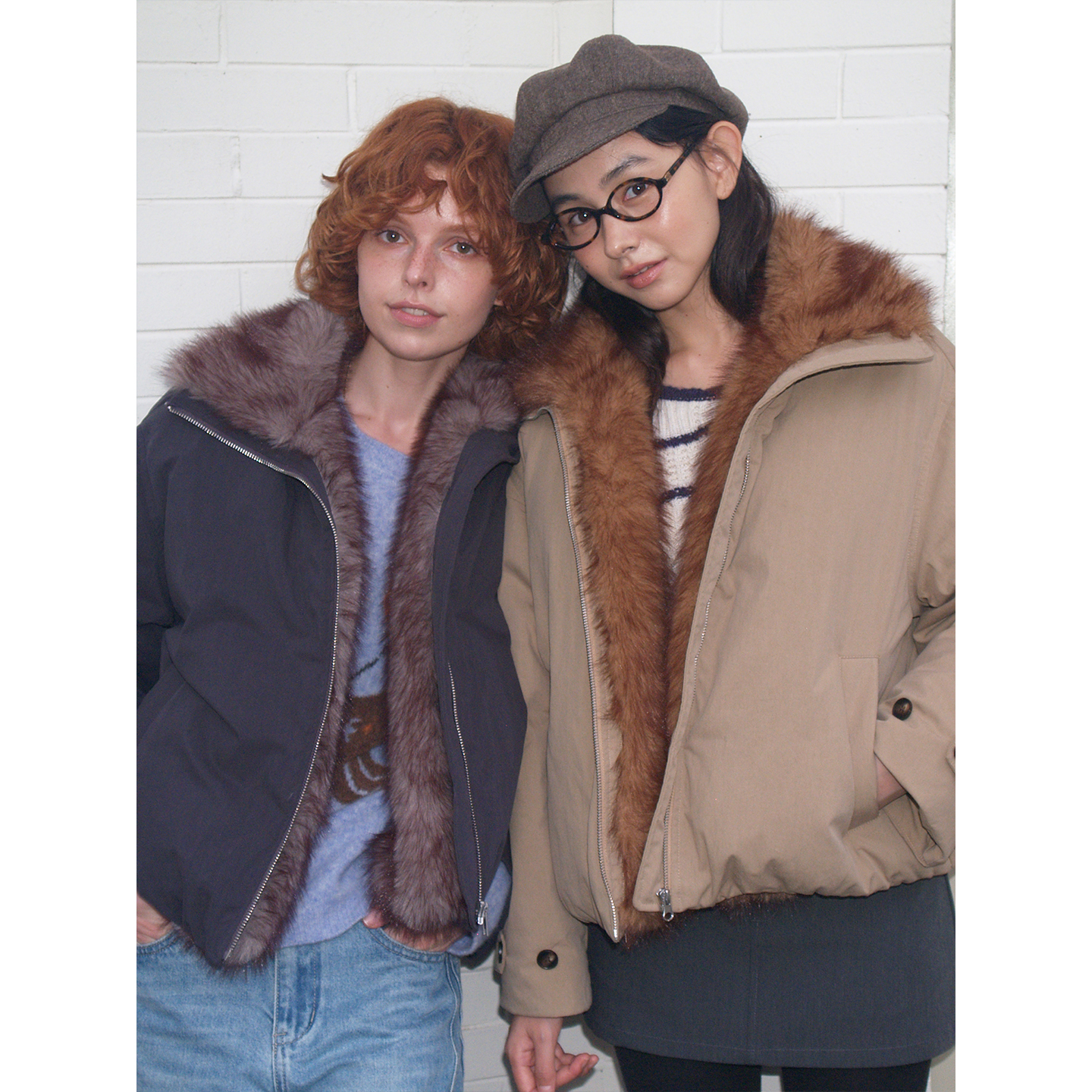 复古拼接环保皮草短款羽绒服